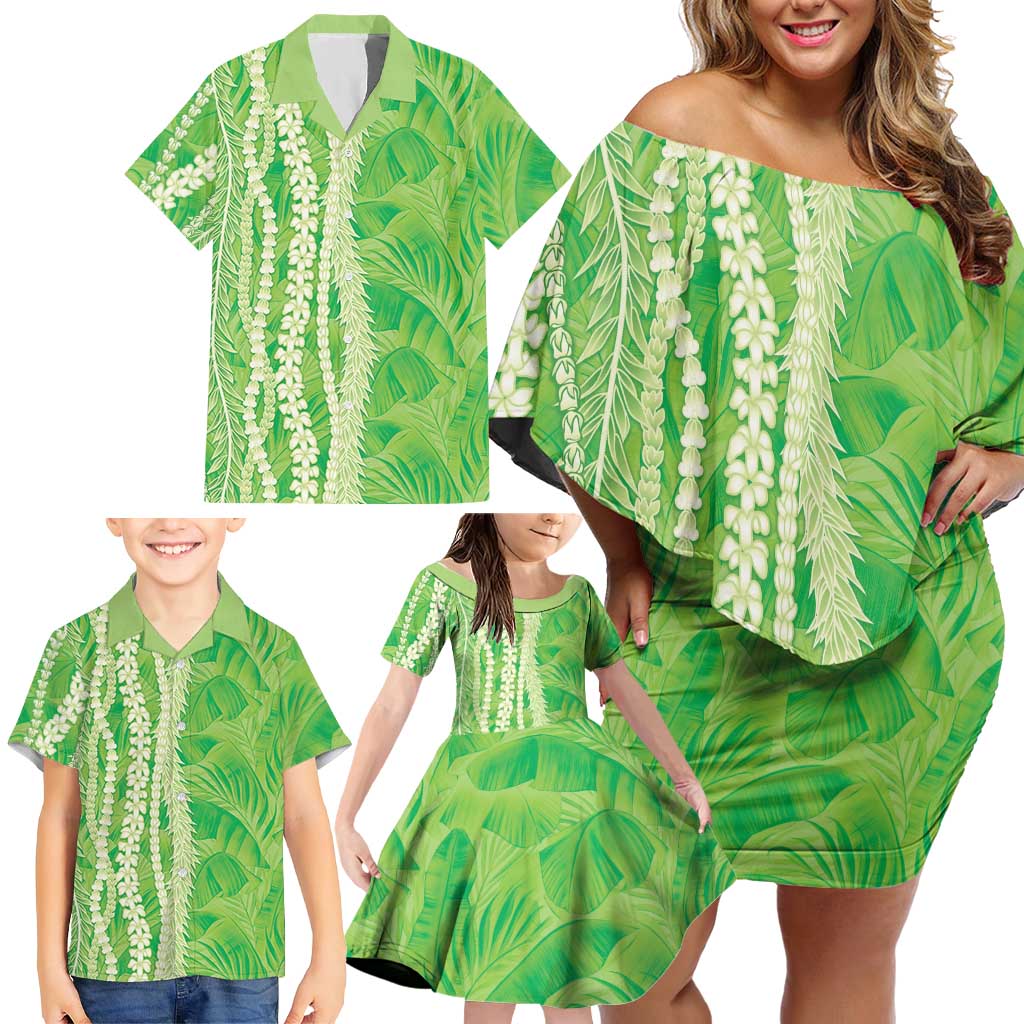 Hawaii Prince Kuhio Family Matching Off Shoulder Short Dress and Hawaiian Shirt Lime Green Hawaiian Lau Maia With Leis