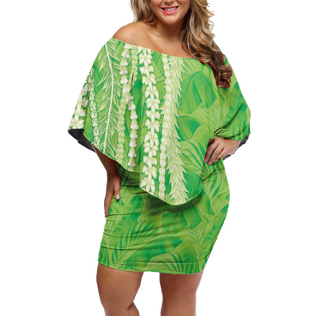 Hawaii Prince Kuhio Family Matching Off Shoulder Short Dress and Hawaiian Shirt Lime Green Hawaiian Lau Maia With Leis