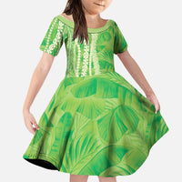 Hawaii Prince Kuhio Family Matching Puletasi and Hawaiian Shirt Lime Green Hawaiian Lau Maia With Leis