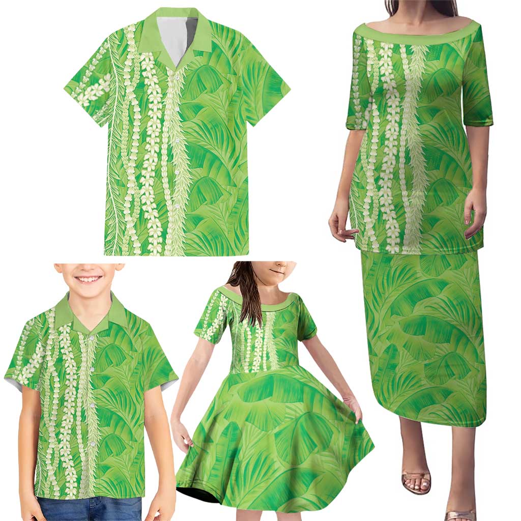 Hawaii Prince Kuhio Family Matching Puletasi and Hawaiian Shirt Lime Green Hawaiian Lau Maia With Leis
