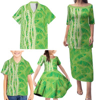Hawaii Prince Kuhio Family Matching Puletasi and Hawaiian Shirt Lime Green Hawaiian Lau Maia With Leis