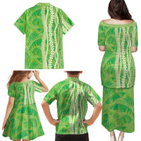 Hawaii Prince Kuhio Family Matching Puletasi and Hawaiian Shirt Lime Green Hawaiian Lau Maia With Leis