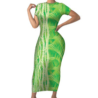 Hawaii Prince Kuhio Family Matching Short Sleeve Bodycon Dress and Hawaiian Shirt Lime Green Hawaiian Lau Maia With Leis