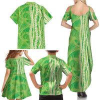 Hawaii Prince Kuhio Family Matching Summer Maxi Dress and Hawaiian Shirt Lime Green Hawaiian Lau Maia With Leis
