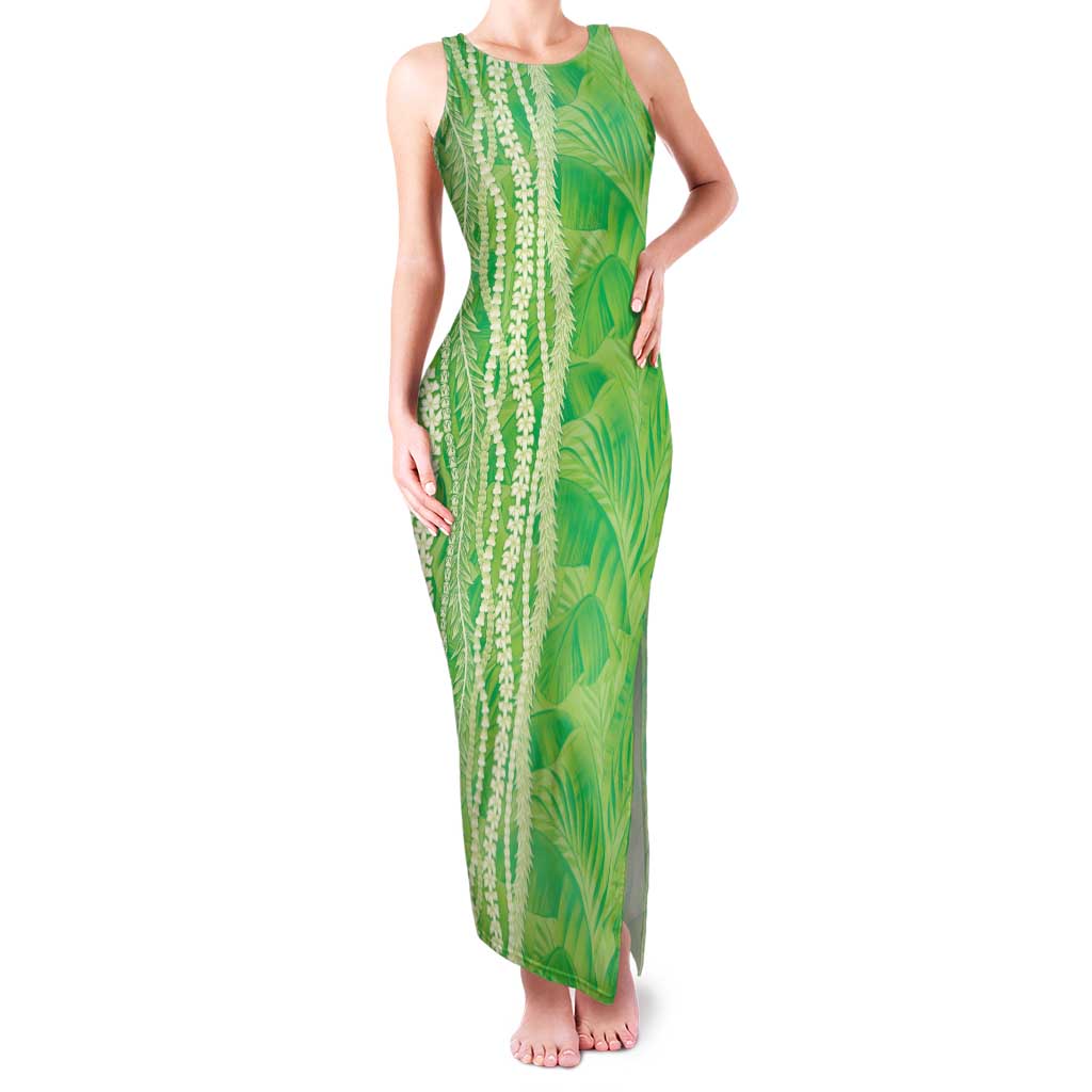 Hawaii Prince Kuhio Family Matching Tank Maxi Dress and Hawaiian Shirt Lime Green Hawaiian Lau Maia With Leis