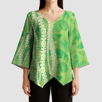 Hawaii Prince Kuhio Kimono Sleeve Blouse Lime Green Hawaiian Lau Maia With Leis
