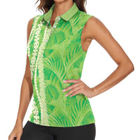 Hawaii Prince Kuhio Women Sleeveless Polo Shirt Lime Green Hawaiian Lau Maia With Leis