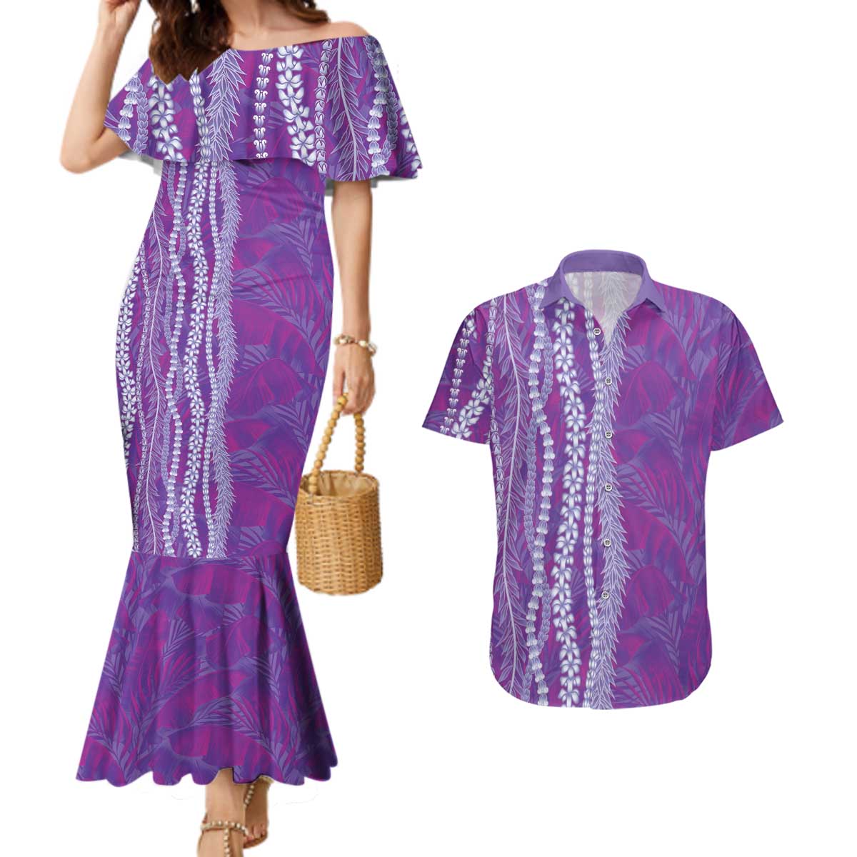Hawaii Prince Kuhio Couples Matching Mermaid Dress and Hawaiian Shirt Violet Hawaiian Lau Maia With Leis