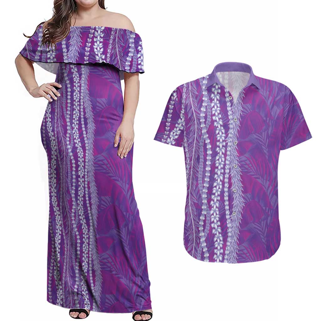 Hawaii Prince Kuhio Couples Matching Off Shoulder Maxi Dress and Hawaiian Shirt Violet Hawaiian Lau Maia With Leis