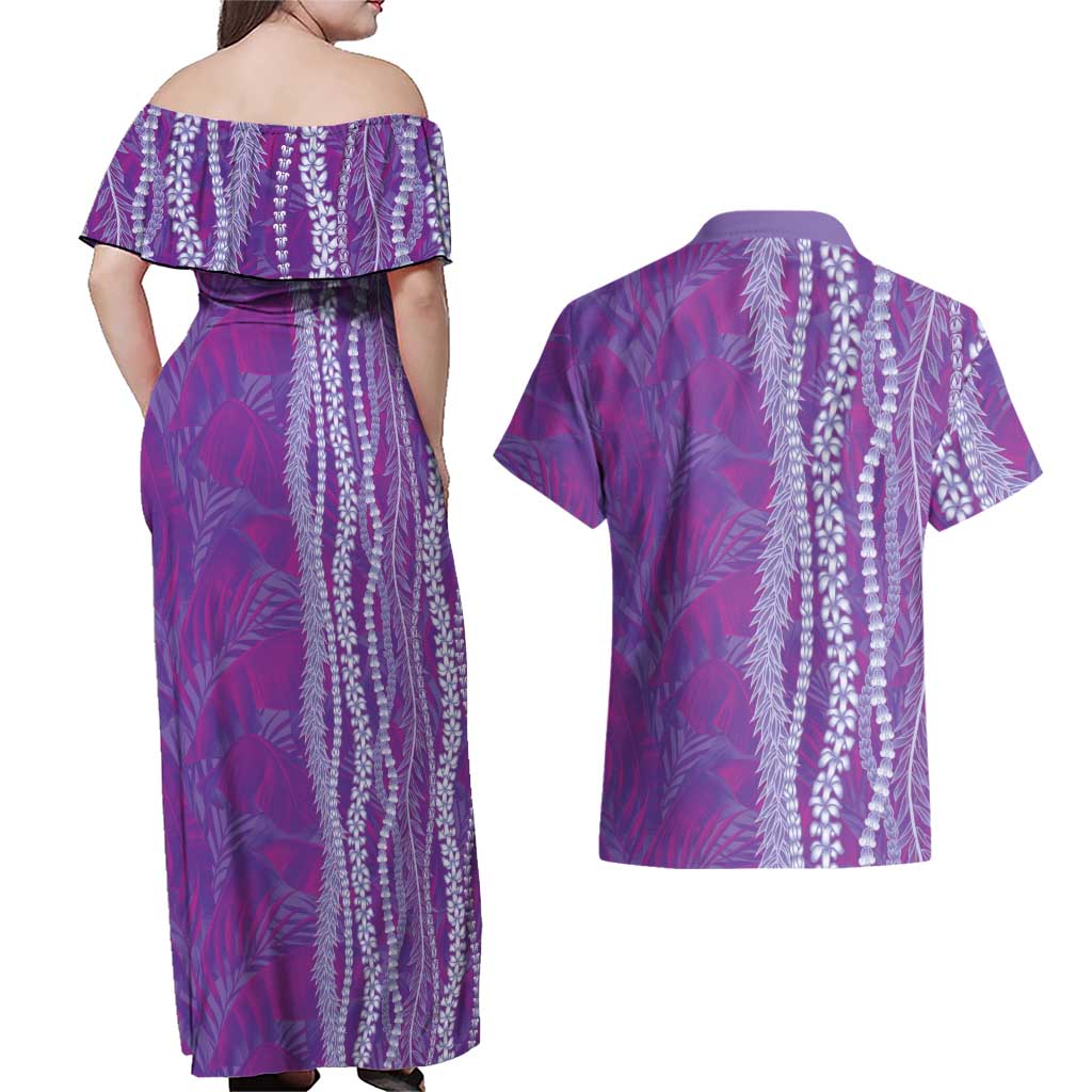 Hawaii Prince Kuhio Couples Matching Off Shoulder Maxi Dress and Hawaiian Shirt Violet Hawaiian Lau Maia With Leis