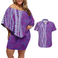 Hawaii Prince Kuhio Couples Matching Off Shoulder Short Dress and Hawaiian Shirt Violet Hawaiian Lau Maia With Leis