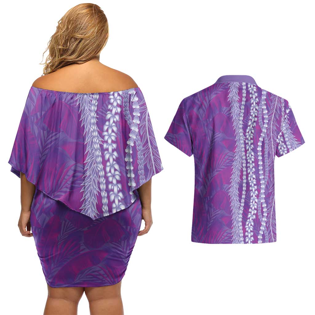 Hawaii Prince Kuhio Couples Matching Off Shoulder Short Dress and Hawaiian Shirt Violet Hawaiian Lau Maia With Leis