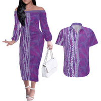 Hawaii Prince Kuhio Couples Matching Off The Shoulder Long Sleeve Dress and Hawaiian Shirt Violet Hawaiian Lau Maia With Leis LT05 Violet - Polynesian Pride