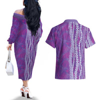 Hawaii Prince Kuhio Couples Matching Off The Shoulder Long Sleeve Dress and Hawaiian Shirt Violet Hawaiian Lau Maia With Leis LT05 - Polynesian Pride