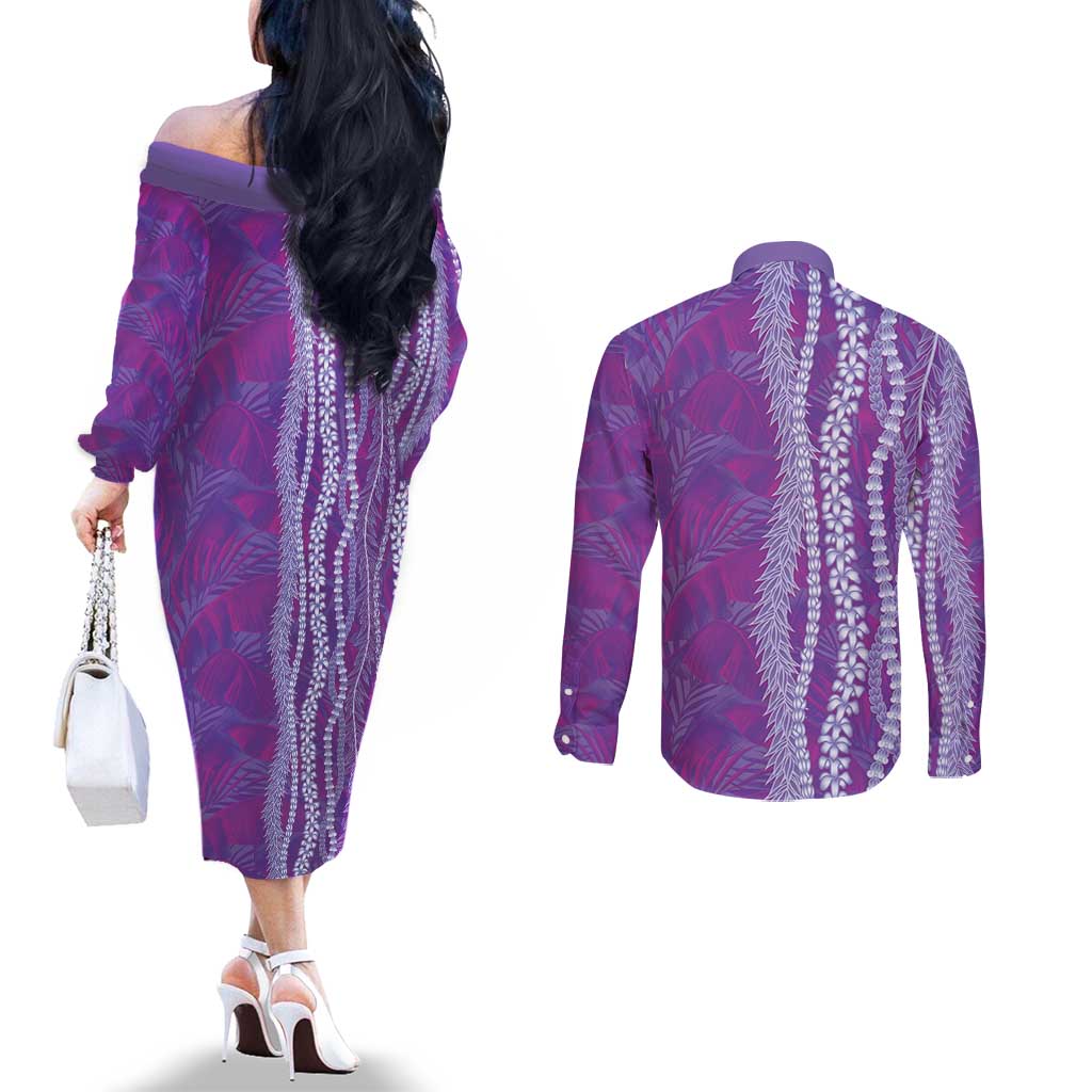 Hawaii Prince Kuhio Couples Matching Off The Shoulder Long Sleeve Dress and Long Sleeve Button Shirt Violet Hawaiian Lau Maia With Leis