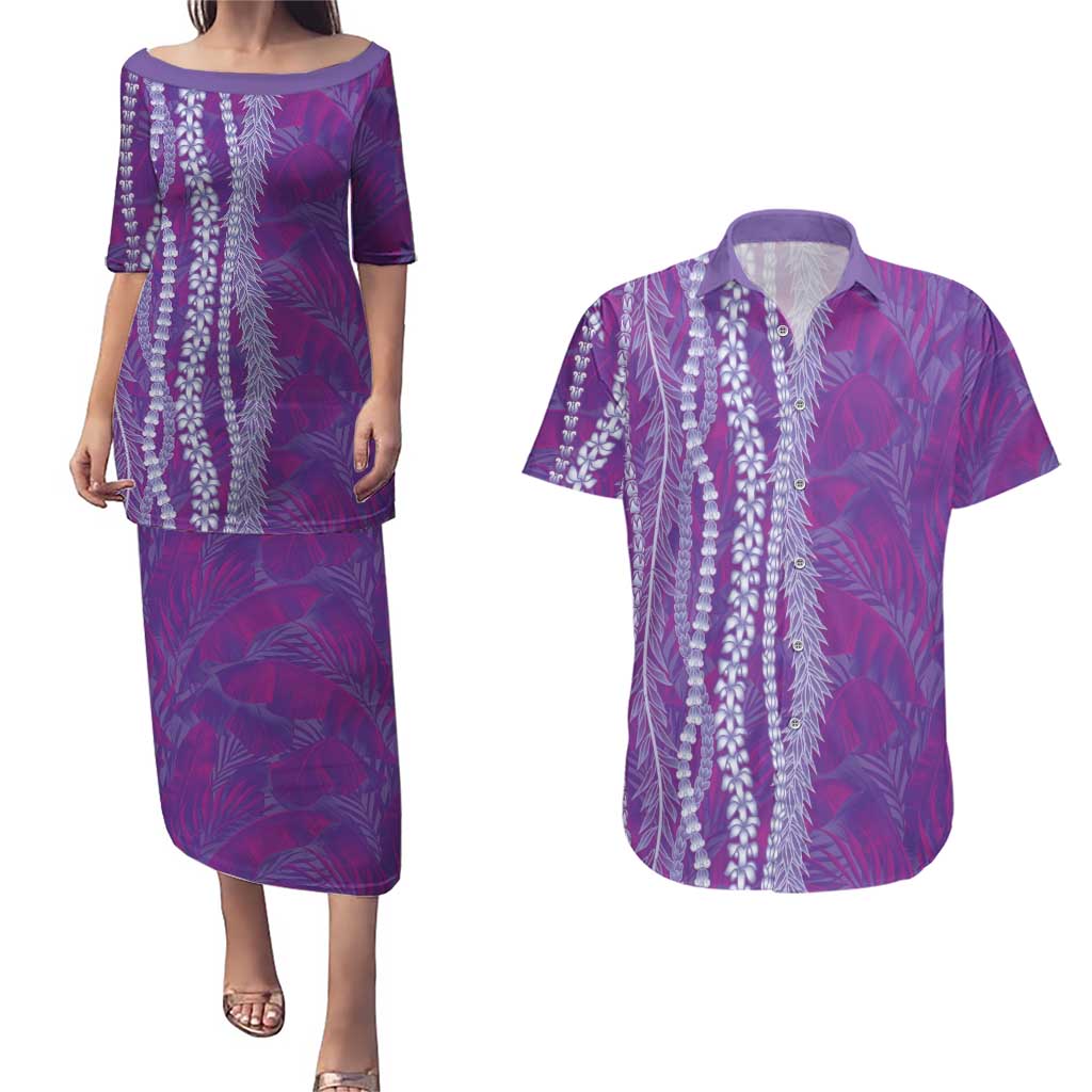 Hawaii Prince Kuhio Couples Matching Puletasi and Hawaiian Shirt Violet Hawaiian Lau Maia With Leis LT05 Violet - Polynesian Pride