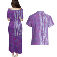 Hawaii Prince Kuhio Couples Matching Puletasi and Hawaiian Shirt Violet Hawaiian Lau Maia With Leis LT05 - Polynesian Pride