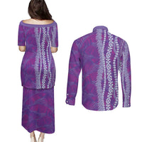 Hawaii Prince Kuhio Couples Matching Puletasi and Long Sleeve Button Shirt Violet Hawaiian Lau Maia With Leis
