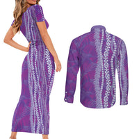 Hawaii Prince Kuhio Couples Matching Short Sleeve Bodycon Dress and Long Sleeve Button Shirt Violet Hawaiian Lau Maia With Leis