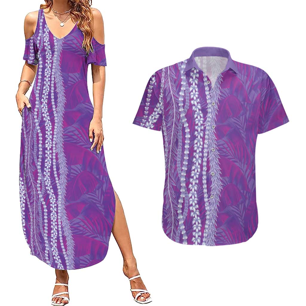 Hawaii Prince Kuhio Couples Matching Summer Maxi Dress and Hawaiian Shirt Violet Hawaiian Lau Maia With Leis