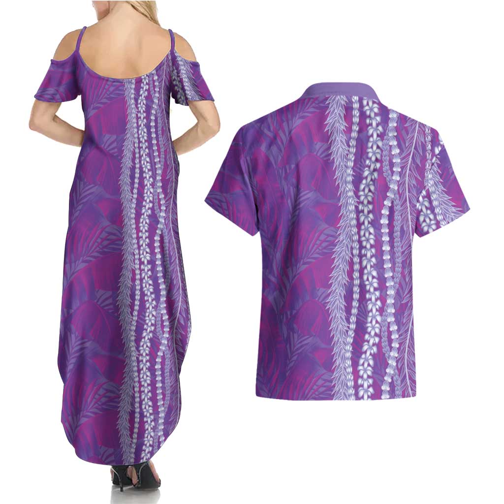 Hawaii Prince Kuhio Couples Matching Summer Maxi Dress and Hawaiian Shirt Violet Hawaiian Lau Maia With Leis