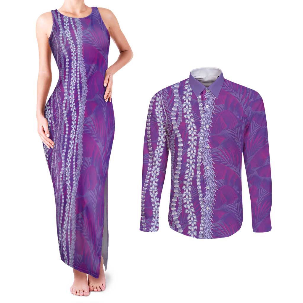 Hawaii Prince Kuhio Couples Matching Tank Maxi Dress and Long Sleeve Button Shirt Violet Hawaiian Lau Maia With Leis
