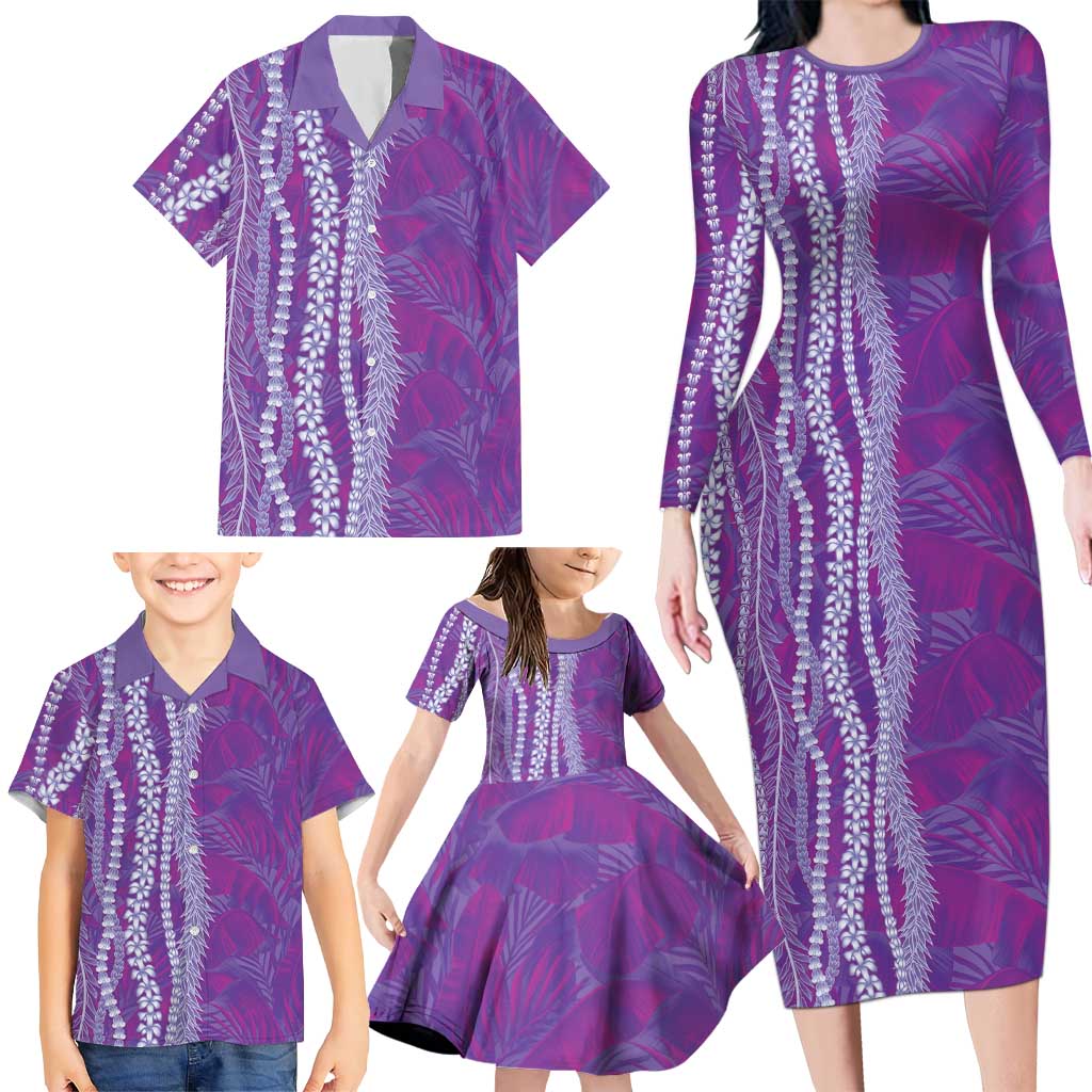 Hawaii Prince Kuhio Family Matching Long Sleeve Bodycon Dress and Hawaiian Shirt Violet Hawaiian Lau Maia With Leis