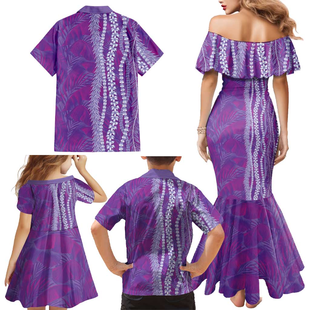 Hawaii Prince Kuhio Family Matching Mermaid Dress and Hawaiian Shirt Violet Hawaiian Lau Maia With Leis
