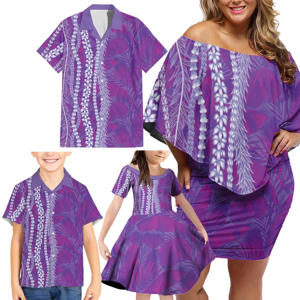 Hawaii Prince Kuhio Family Matching Off Shoulder Short Dress and Hawaiian Shirt Violet Hawaiian Lau Maia With Leis
