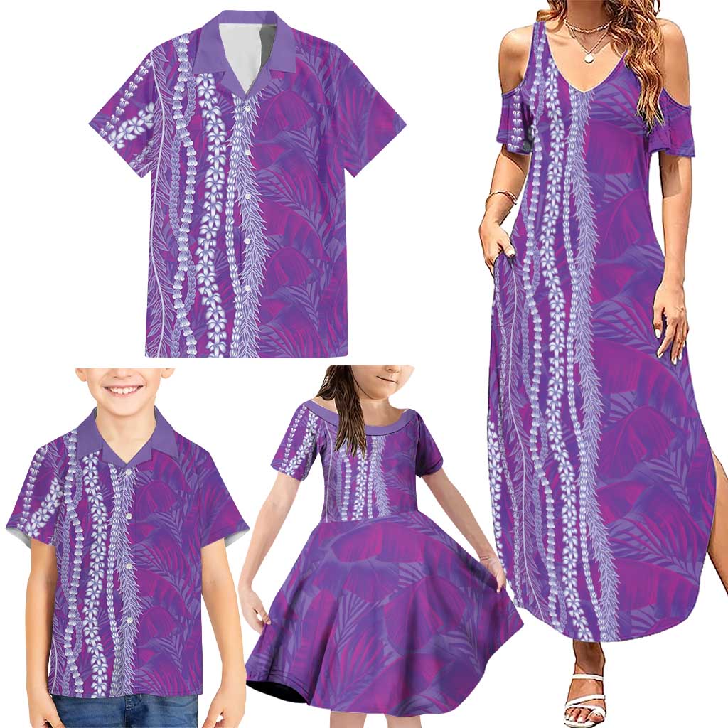 Hawaii Prince Kuhio Family Matching Summer Maxi Dress and Hawaiian Shirt Violet Hawaiian Lau Maia With Leis