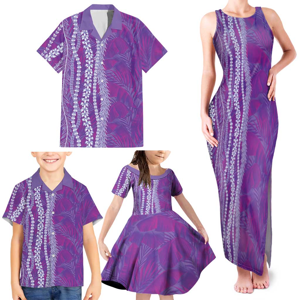 Hawaii Prince Kuhio Family Matching Tank Maxi Dress and Hawaiian Shirt Violet Hawaiian Lau Maia With Leis
