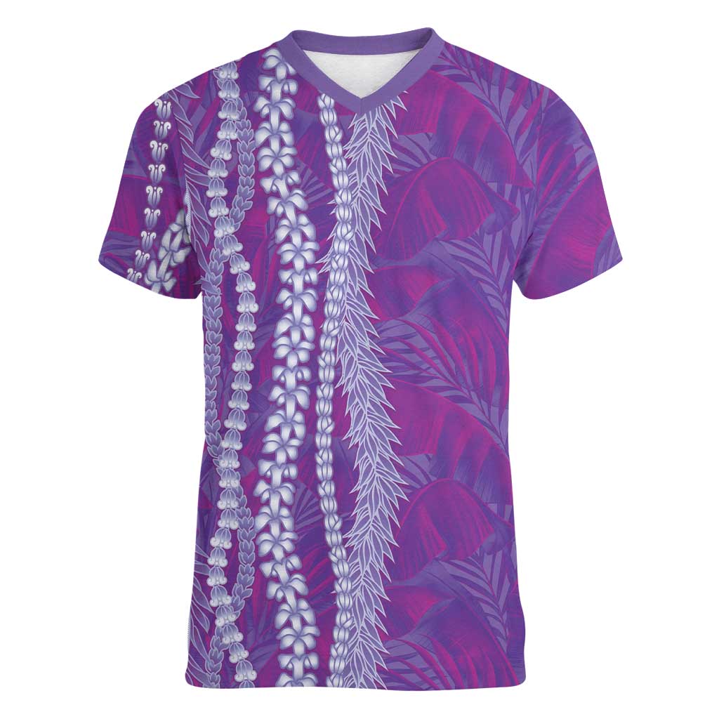 Hawaii Prince Kuhio Women V-Neck T-Shirt Violet Hawaiian Lau Maia With Leis