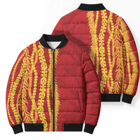 Hawaii Prince Kuhio Bomber Puffer Jacket Red Hawaiian Lau Maia With Leis
