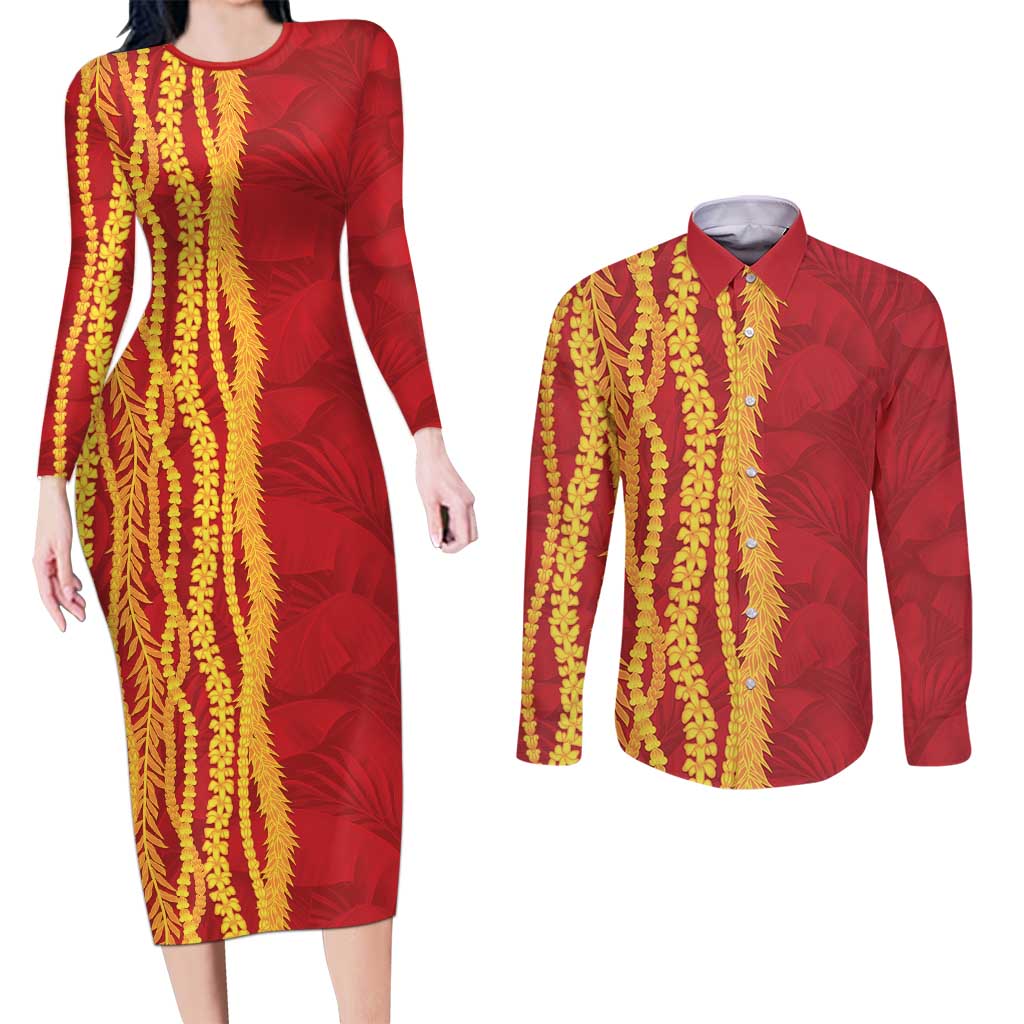 Hawaii Prince Kuhio Couples Matching Long Sleeve Bodycon Dress and Long Sleeve Button Shirt Red Hawaiian Lau Maia With Leis LT05 Red - Polynesian Pride