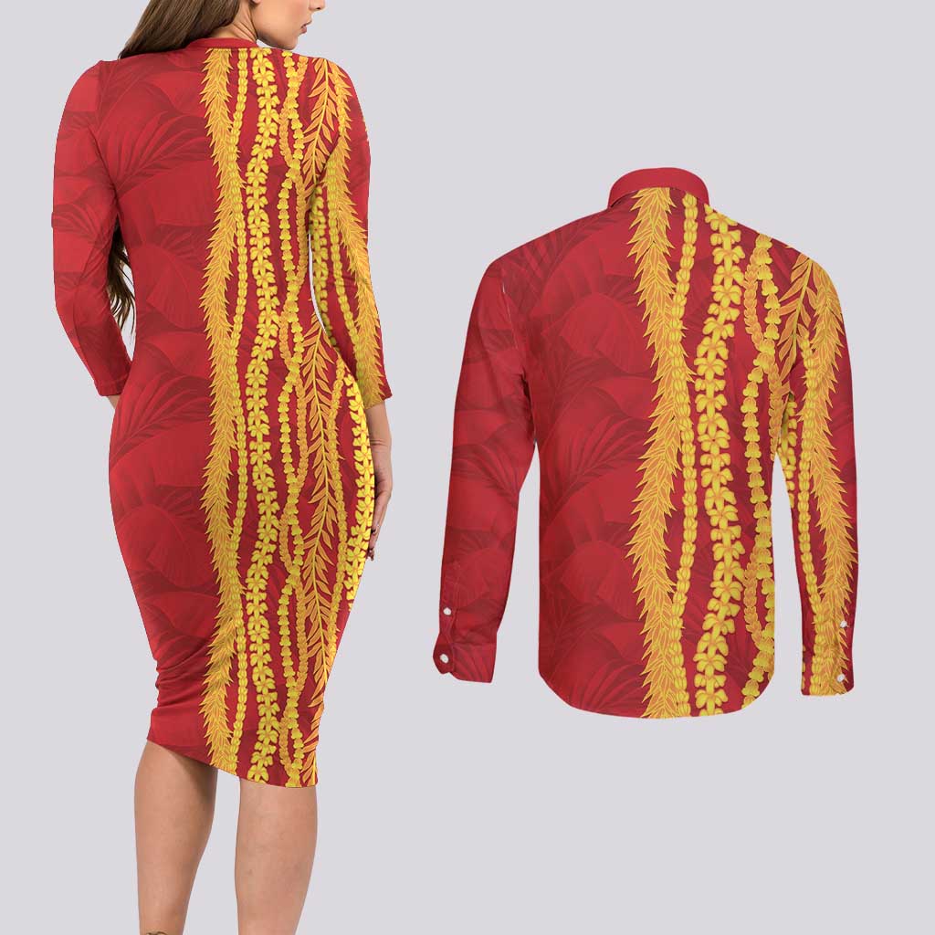 Hawaii Prince Kuhio Couples Matching Long Sleeve Bodycon Dress and Long Sleeve Button Shirt Red Hawaiian Lau Maia With Leis LT05 - Polynesian Pride
