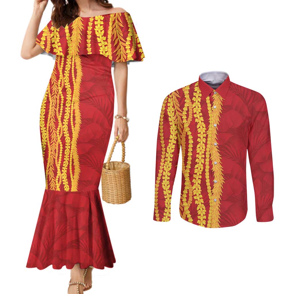 Hawaii Prince Kuhio Couples Matching Mermaid Dress and Long Sleeve Button Shirt Red Hawaiian Lau Maia With Leis