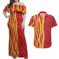 Hawaii Prince Kuhio Couples Matching Off Shoulder Maxi Dress and Hawaiian Shirt Red Hawaiian Lau Maia With Leis