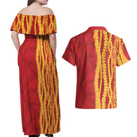 Hawaii Prince Kuhio Couples Matching Off Shoulder Maxi Dress and Hawaiian Shirt Red Hawaiian Lau Maia With Leis