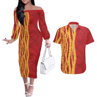 Hawaii Prince Kuhio Couples Matching Off The Shoulder Long Sleeve Dress and Hawaiian Shirt Red Hawaiian Lau Maia With Leis