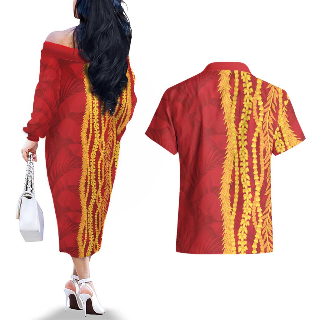 Hawaii Prince Kuhio Couples Matching Off The Shoulder Long Sleeve Dress and Hawaiian Shirt Red Hawaiian Lau Maia With Leis