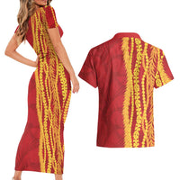 Hawaii Prince Kuhio Couples Matching Short Sleeve Bodycon Dress and Hawaiian Shirt Red Hawaiian Lau Maia With Leis