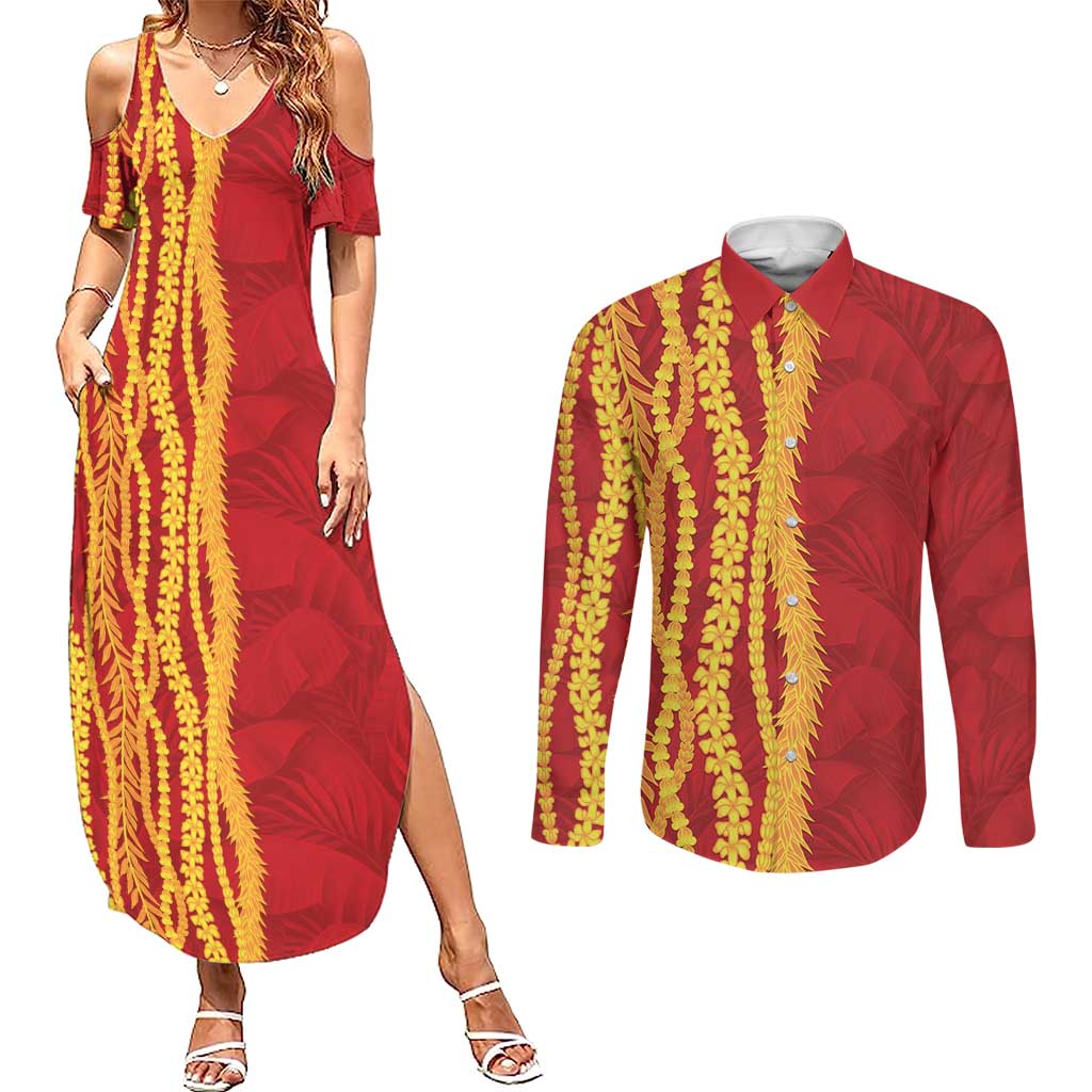 Hawaii Prince Kuhio Couples Matching Summer Maxi Dress and Long Sleeve Button Shirt Red Hawaiian Lau Maia With Leis LT05 Red - Polynesian Pride