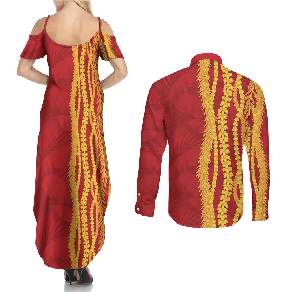 Hawaii Prince Kuhio Couples Matching Summer Maxi Dress and Long Sleeve Button Shirt Red Hawaiian Lau Maia With Leis LT05 - Polynesian Pride
