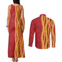 Hawaii Prince Kuhio Couples Matching Tank Maxi Dress and Long Sleeve Button Shirt Red Hawaiian Lau Maia With Leis