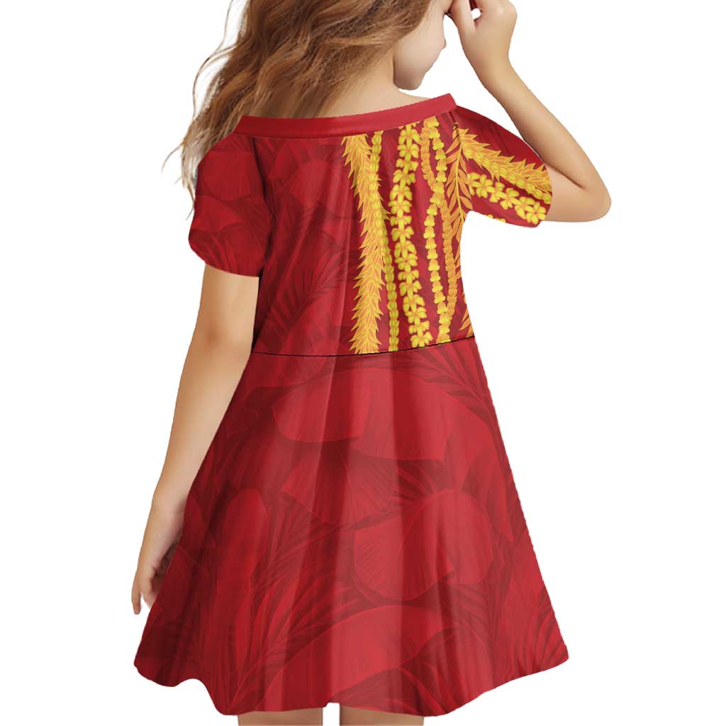 Hawaii Prince Kuhio Family Matching Long Sleeve Bodycon Dress and Hawaiian Shirt Red Hawaiian Lau Maia With Leis LT05 - Polynesian Pride