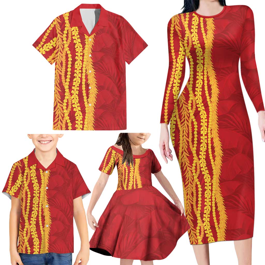 Hawaii Prince Kuhio Family Matching Long Sleeve Bodycon Dress and Hawaiian Shirt Red Hawaiian Lau Maia With Leis LT05 - Polynesian Pride