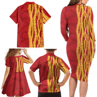 Hawaii Prince Kuhio Family Matching Long Sleeve Bodycon Dress and Hawaiian Shirt Red Hawaiian Lau Maia With Leis LT05 - Polynesian Pride