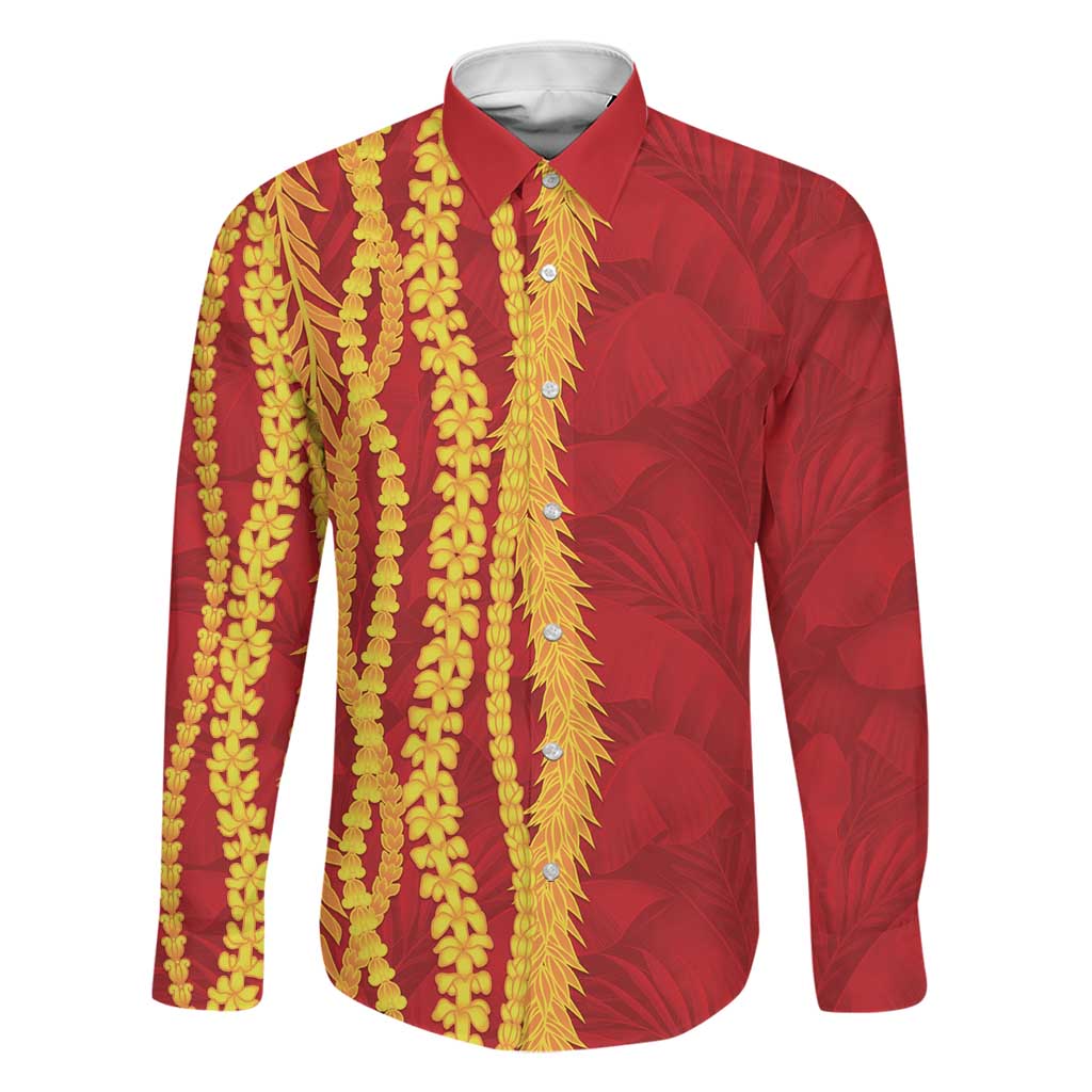 Hawaii Prince Kuhio Family Matching Long Sleeve Bodycon Dress and Hawaiian Shirt Red Hawaiian Lau Maia With Leis LT05 Dad's Shirt - Long Sleeve Red - Polynesian Pride