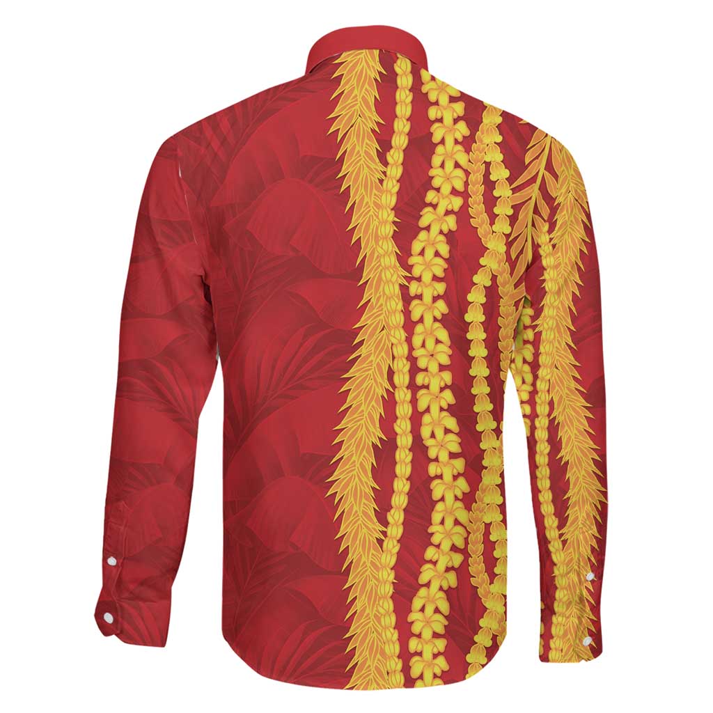 Hawaii Prince Kuhio Family Matching Long Sleeve Bodycon Dress and Hawaiian Shirt Red Hawaiian Lau Maia With Leis LT05 - Polynesian Pride