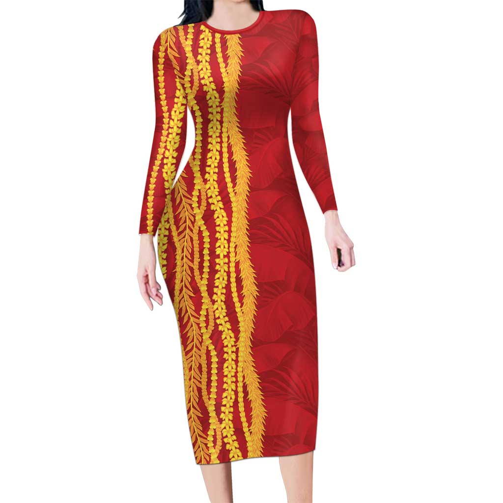 Hawaii Prince Kuhio Family Matching Long Sleeve Bodycon Dress and Hawaiian Shirt Red Hawaiian Lau Maia With Leis LT05 Mom's Dress Red - Polynesian Pride